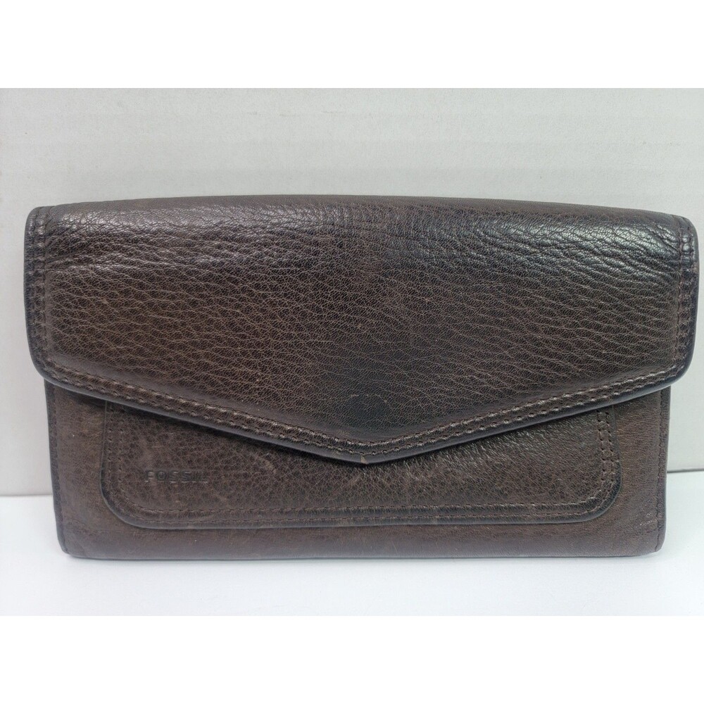 Fossil Brown Genuine Leather Bifold Wallet Clutch Organizer Snap Closure